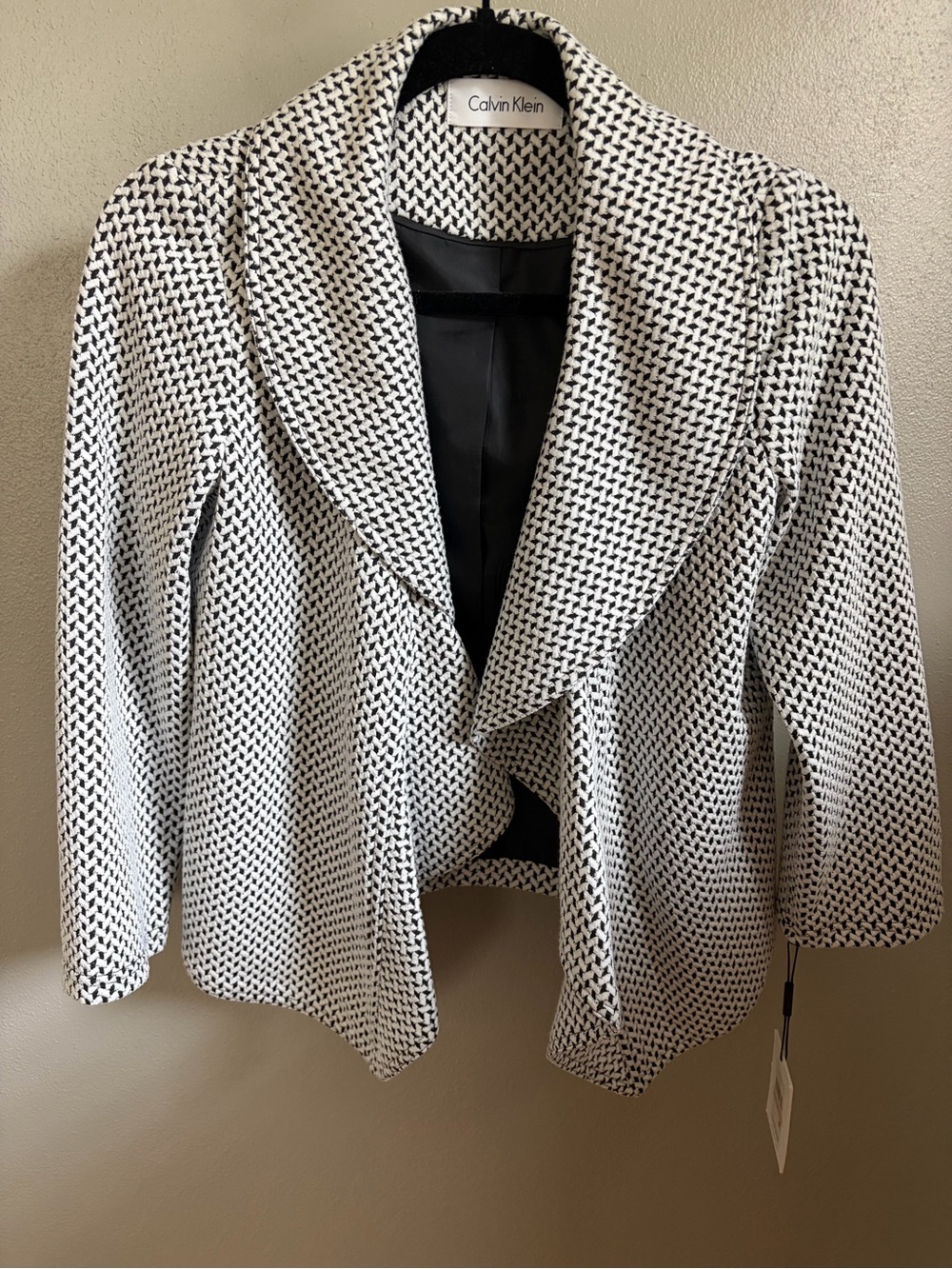 Calvin Klein Black and White Textured Draped Open-Front Blazer